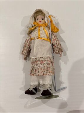 Porcelain Folk-Style Doll in White and Floral Outfit